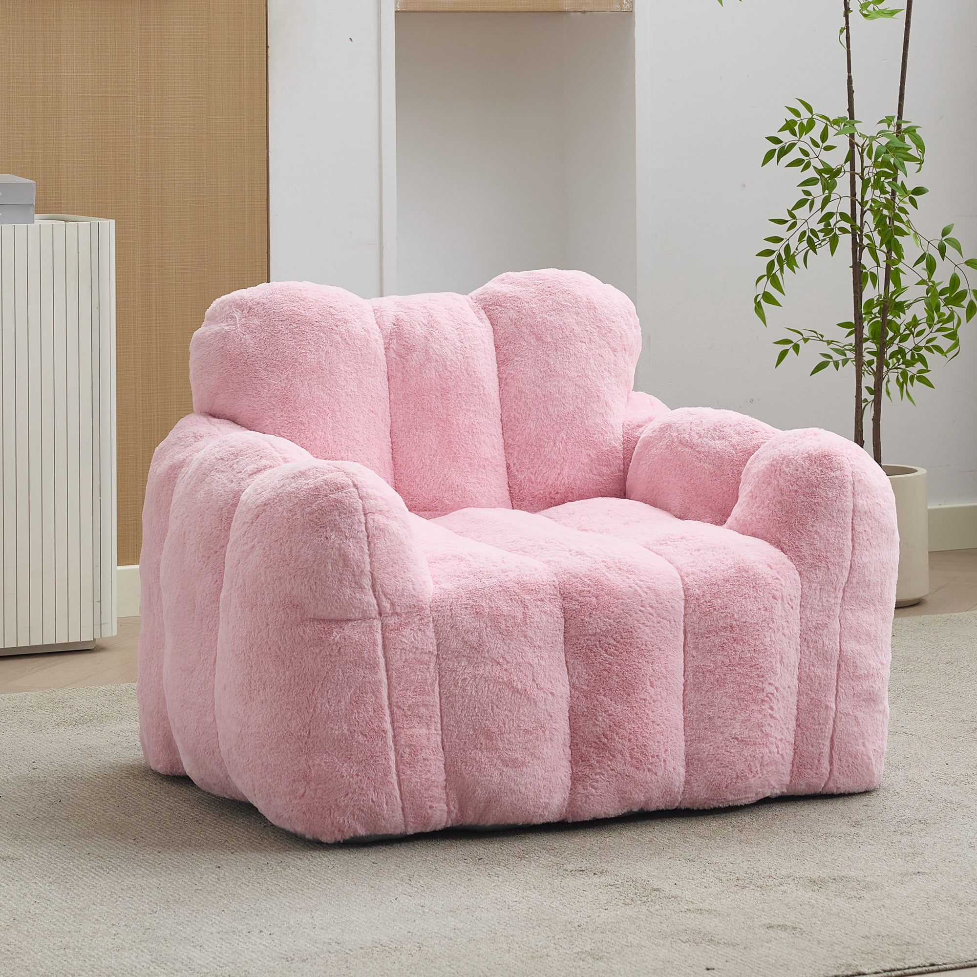 Peispie Giant Fluffy Bean Bag Chair for Adults, Oversized Memory Foam Floor Sofa Lounge Chair with Armrests, Comfy Stuffed Accent Reading Chair for Bedroom & Living Room, No Assembly, Pink