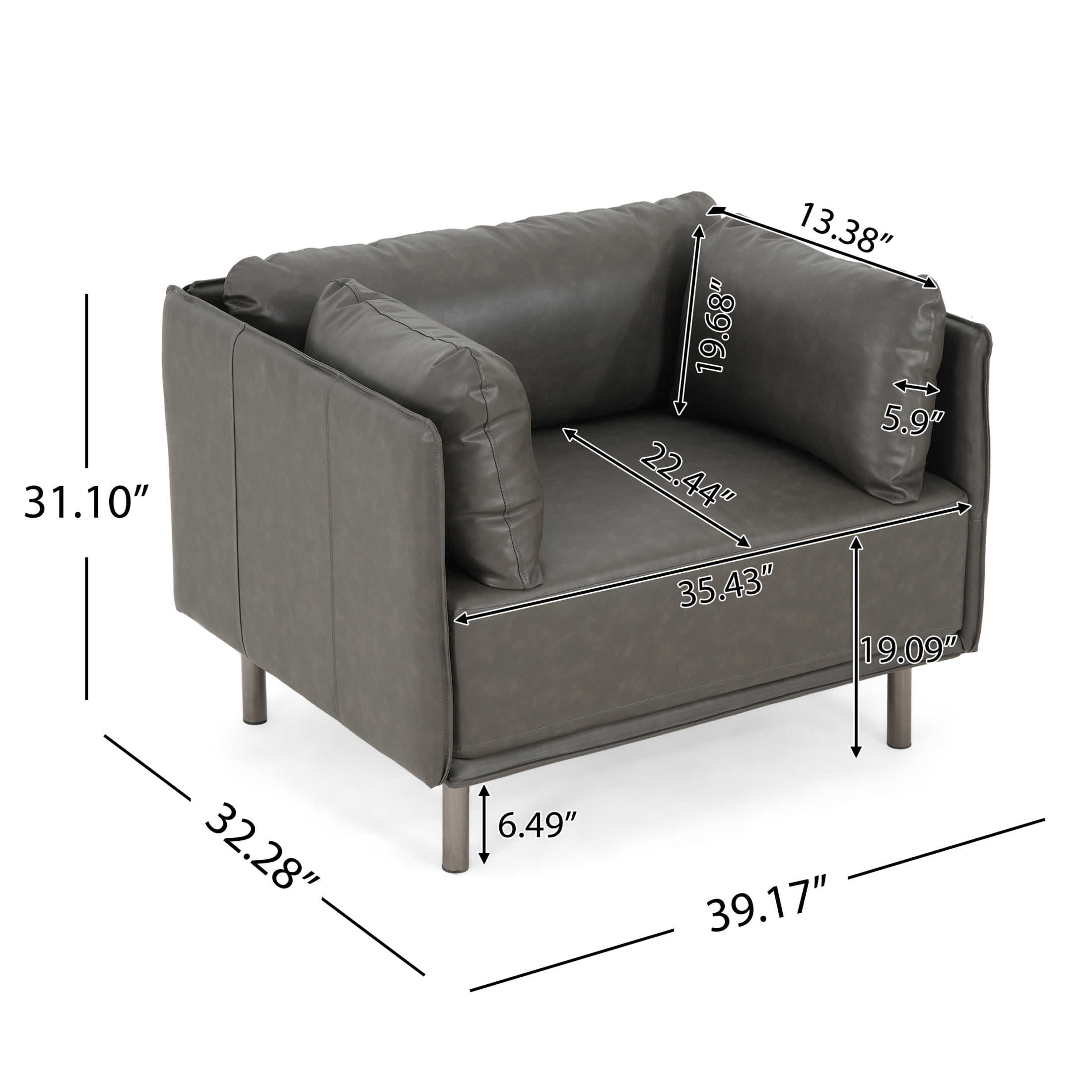 Christopher Knight Home Modern PU Upholstery Lounge Chair, Solid Wood Frame, Metal Legs, Dark Grey