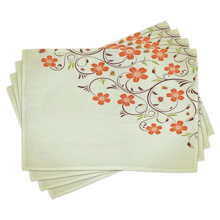 

Ladybugs Placemats Set of 4 Flower Frame with Tiny Little Ladybugs and Swirl Branches Springtime Theme Washable Fabric Place Mats for Dining Room Kitchen Table Decor Pale Green Red by Ambesonne