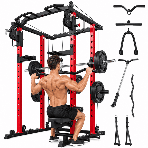 Danrelax Power Rack with LAT Pulldown & Dual Pulley System, 2000 lbs Squat Rack for Home Gym, All-in-One Strength Training Cage with Cable Crossover, Bench Press Rack & Pulley Workout Station