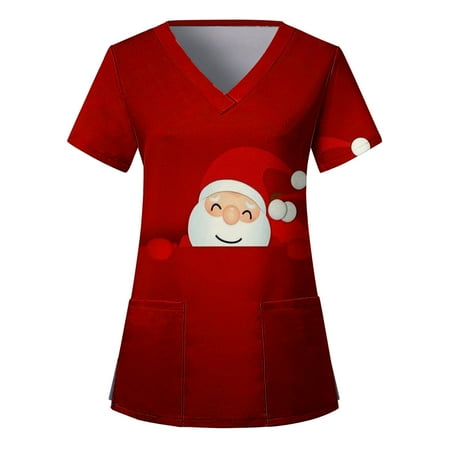 

Ladies Scrubs Top Fashion Loose V-Neck Christmas Printed Short Sleeve Pocket Top