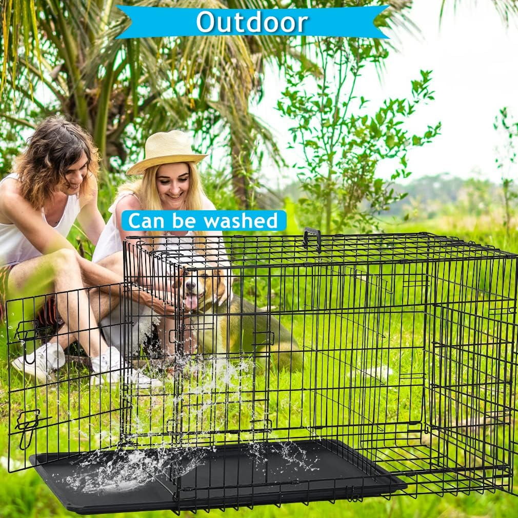 24 inch Dog Crate for Small Dogs Folding Portable Metal Dog Cage Kennel Double Door Pet Crate with Divider and Tray, Black