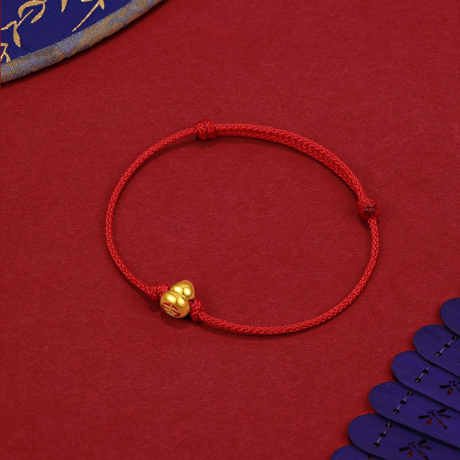ZHOU LIU FU 24K Gold Gourd Charm Red String Bracelet, Adjustable Hulu Feng Shui Bracelet for Women & Men, Protection & Good Fortune