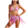thumbnail image 1 of vigerkar Ensemble Bikini Mignon 3 Pcs pour Fille, Hauts et Culottes Texturés à Bretelles Spaghetti avec Jupes Cache-Maillot Transparentes à Motif Floral (Rose, 8-9 Ans), 1 of 7