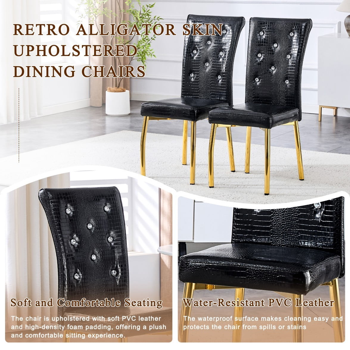 Set of 2 Retro Dining Chairs, Faux Alligator Leather Upholstered Chairs with Crystal Button Details & Gold-Plated Metal Feet, 400 LBS, Black & Gold