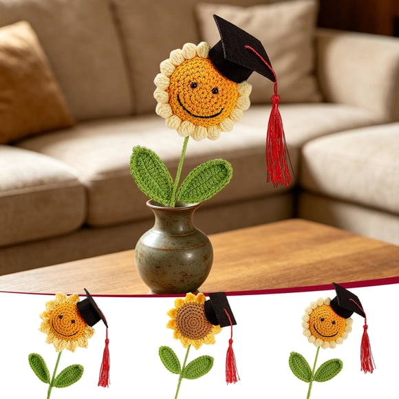 Gifts YYV Handmade Crochet Sunflower Graduation Bouquet Smiling Sunflower with Graduation Cap Knitted Keepsake Artificial Flower Bouquet Graduation Gift Classmates Ceremony Decor