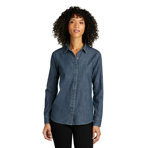 Port Authority LW676 Ladies Long Sleeve Perfect Denim Shirt, Medium Wash, 4XL