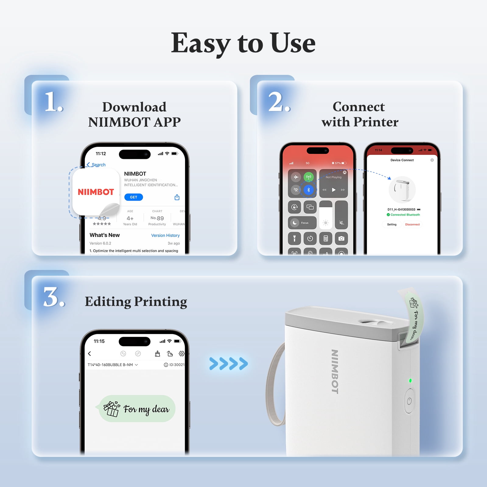 NIIMBOT D11 Upgraded HD 300 dpi Label Maker Mini Bluetooth Wireless Label Printer Inkless Labeler Rechargeable（White)