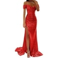 thumbnail image 2 of YMNXA Womens Prom Dress Short Sleeve Sequin Solid Color High Split Floor Length Elegant Low Cut Dresses For Wedding Red M, 2 of 7
