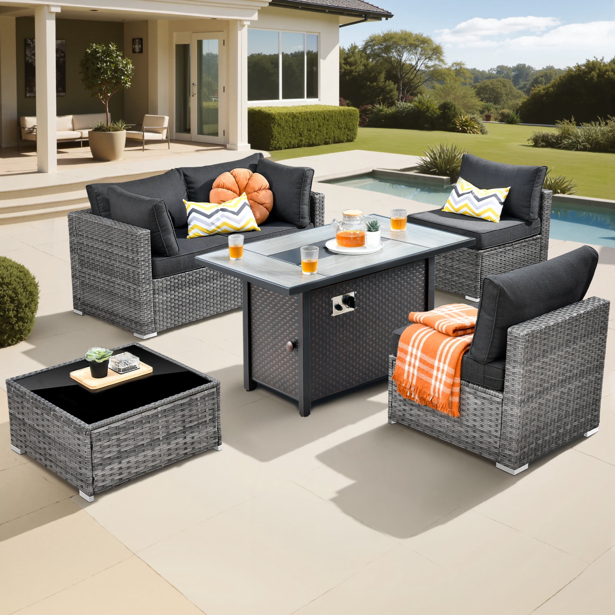 Vcatnet 6 Pieces Outdoor Patio Furniture with Fire Pit, Wicker Outdoor Conversation Set, Outdoor Sectional with Coffee Table, Black