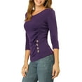 thumbnail image 4 of INSPIRE CHIC Women's Ruched Blouse Button Decor V Neck 3/4 Sleeve Solid Knit Top XS Purple, 4 of 8