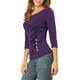 thumbnail image 4 of Blusa de mujer con fruncidos Inspire Chic, decoración de botones, cuello en V, manga 3/4, top de punto sólido, 3XL, púrpura, 4 of 7