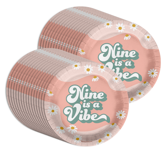 Nine is a Vibe Groovy Birthday Party Supplies 9th Birthday Party Plates - Large 9" Plates In Bulk 32 Piece