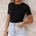 thumbnail image 4 of oqasdz Women's Sweaters Short Sleeve Crewneck T Shirt Summer Ribbed Knit Slim Fit Basic Solid Color Tee Tops Casual Relaxed Fit, 4 of 6