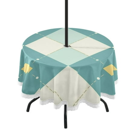 

60 Outdoor Round Tablecloth with Umbrella Hole & White Lace Trim Waterproof Patio Table Cover for Garden Kitchen Dining Light Teal Argyle