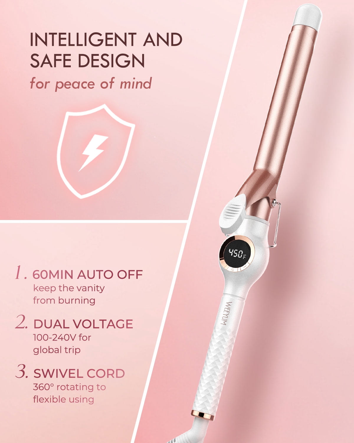WEEYUM 1 Inch Curling Iron, Long Barrel Curling Wand for Hair, Ceramic Tourmaline Hair Curling Iron Dual Voltage