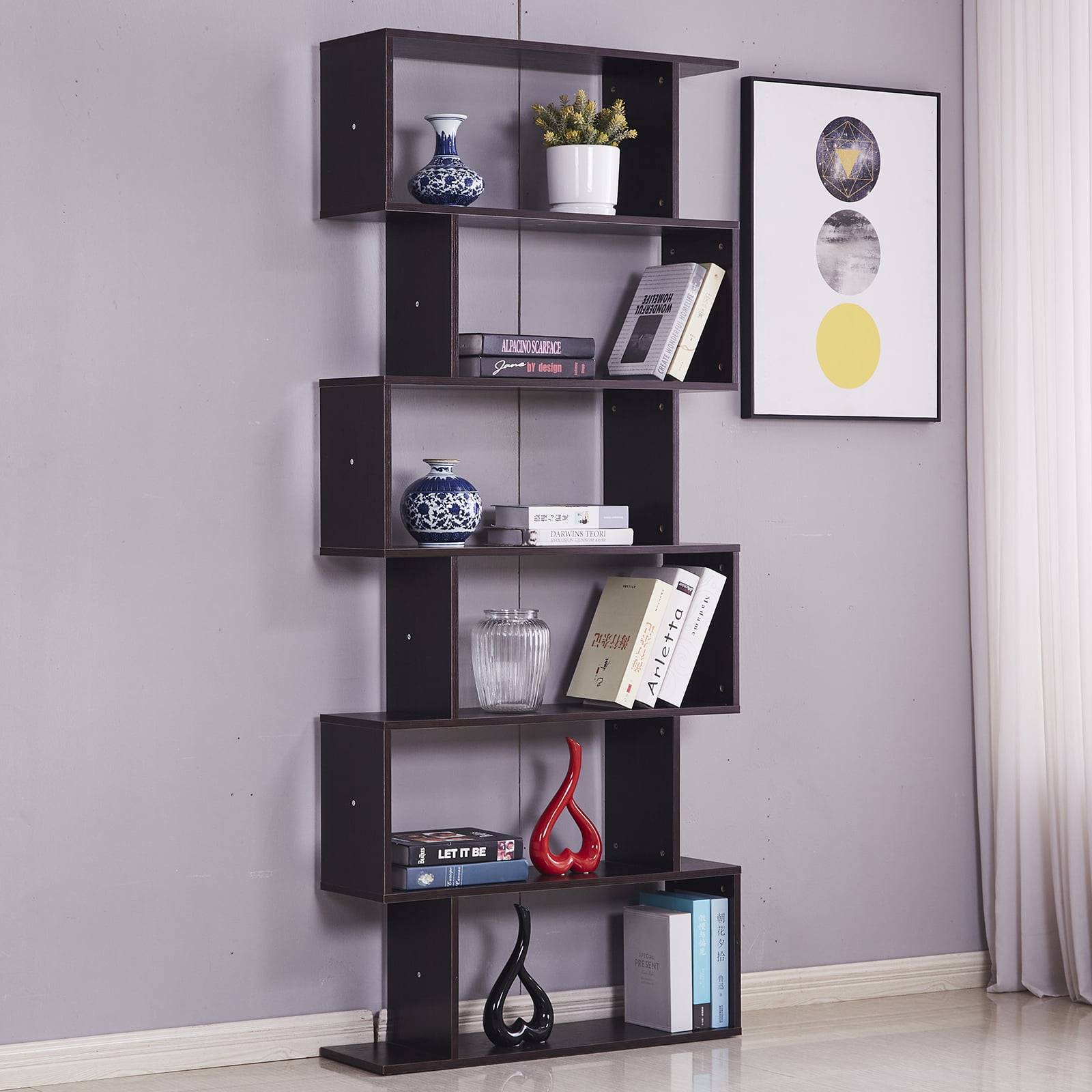 Details about   75.5" 6Tier Z-Shelf Style Bookshelf Wooden Storage Display Stand for Home Office 
