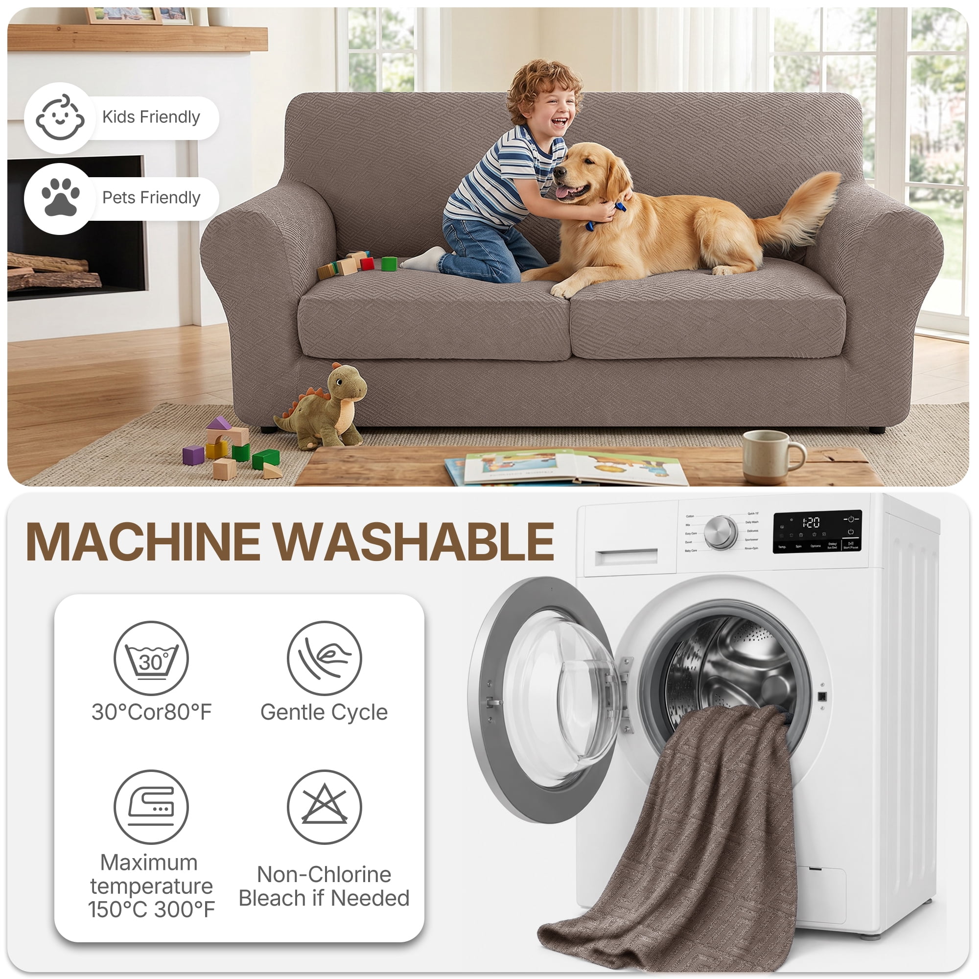 JIATER 3-Piece Sofa Cover Stretch Couch Cover Washable Sofa Slipcover Furniture Protector with 2 Cushion Covers,Loveseat Khaki