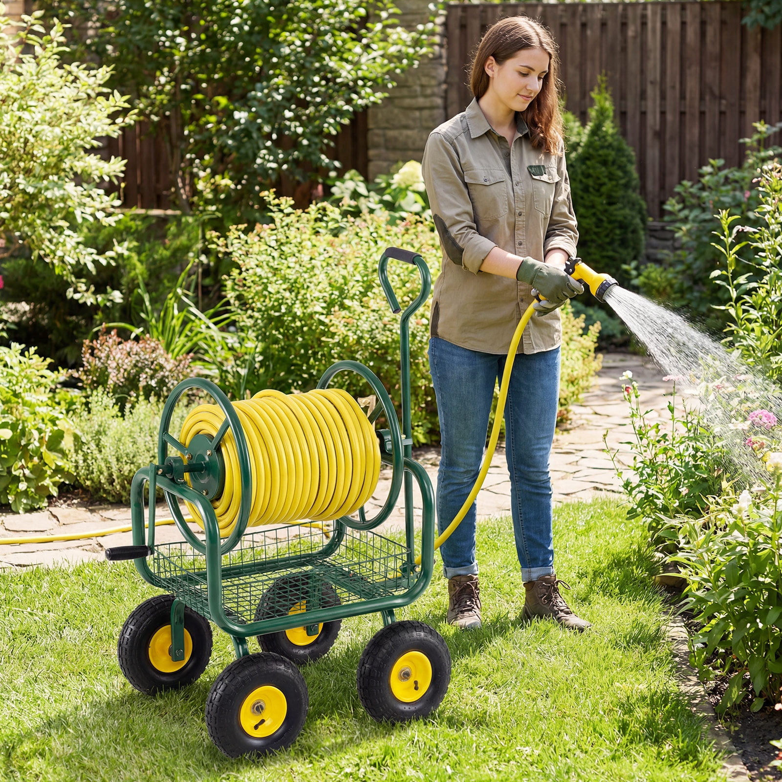 Costway Garden Hose Reel Cart with 4 Wheels, Storage Basket, 300 FT of 5/8” Large Capacity Green