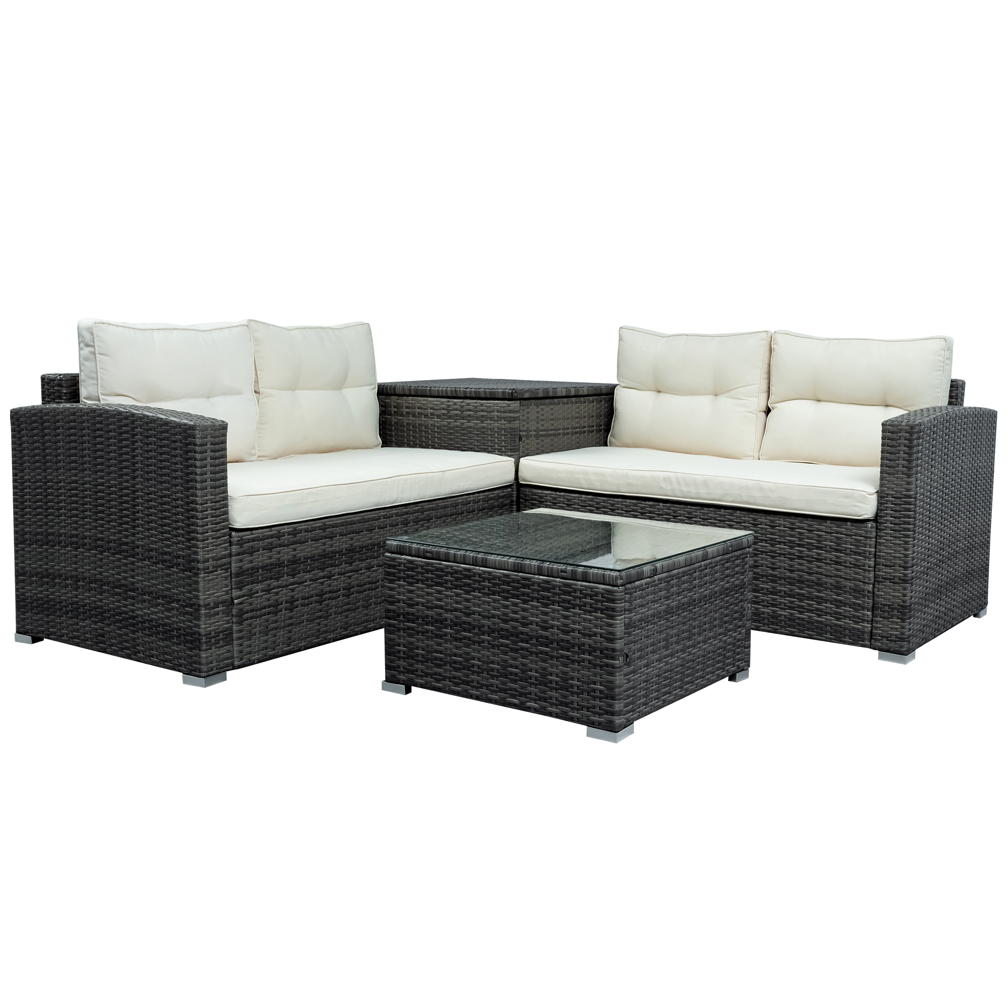 Outdoor Patio Chairs & Seating Sets Furniture for Outdoor Patio, 4-Piece Wicker Conversation Set w/L-Seats Sofa, R-Seats Sofa, Cushion box, Tempered Glass Dining Table, Padded Cushions, S9156 - image 3 of 10