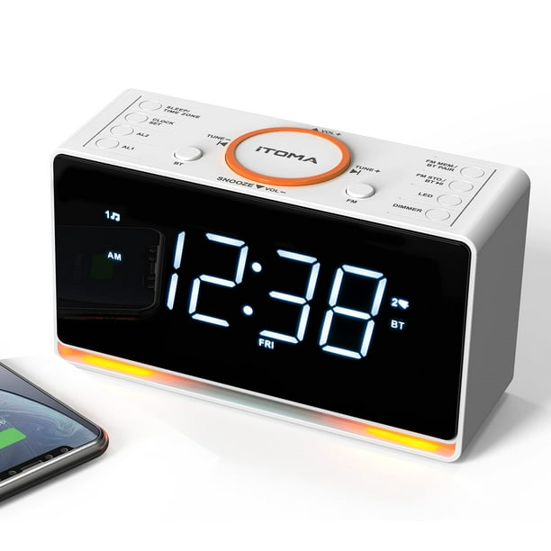 iTOMA Radio despertador, reloj con pantalla LED blanca de 1,4" con Bluetooth, radio FM, alarma dual, temporizador de apagado, repetición, atenuador automático y manual, cargador USB y luz nocturna CKS