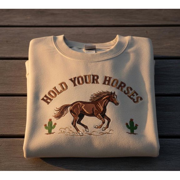 Custom Hold Your Horses Embroidered Sweatshirt, Western Cowboy Aesthetic Crewneck, Funny Horse Lover Gift