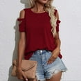 thumbnail image 3 of Fesfesfes Women T Shirts Short Sleeve Tops Casual Solid ColorWide Neck Hollow Out Cold Shoulder Button T-shrit Tops S(US:4), 3 of 9