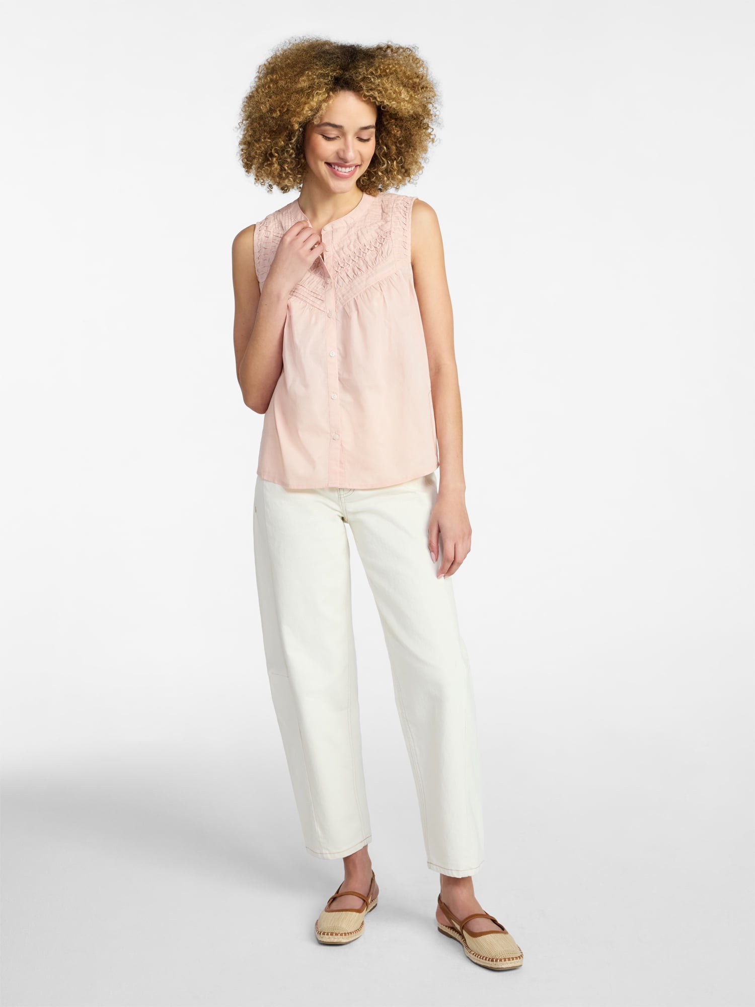 Time and Tru Women’s Pleated Cotton Sleeveless Top, Sizes XS-XXXL