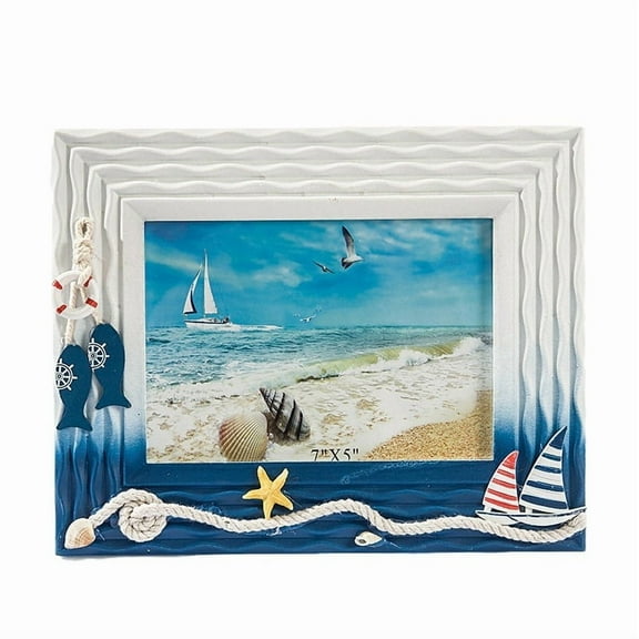 Sinkoo Handmade Wood Picture Frames, 7" x 5" Seashell Photo Frame,Unique Nautical Beach Themed Home decor, Sailboat, Starfish, Life Buoy, Beach Photo Frame Tabletop or Wall Hanging Display Frame