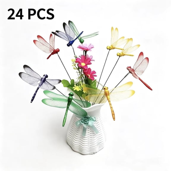 Vruelia 24Pcs 3D Dragonfly Garden Decor Dragon Fly Stakes Dragonflies Ornaments Patio Decoration