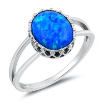 CHOOSE YOUR COLOR Blue Simulated Opal Oval Basket Net Set Ring .925 Sterling Silver Band CZ Female Size 5