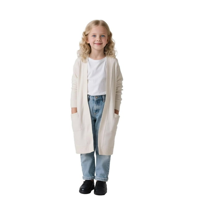 Cardigans for Girls Long Sleeve Mid Length Cardigan Sweaters Kids Oversized Open Front Knit Outerwear with Pockets, Kids Fall Knitwear, White, 6-7 Years