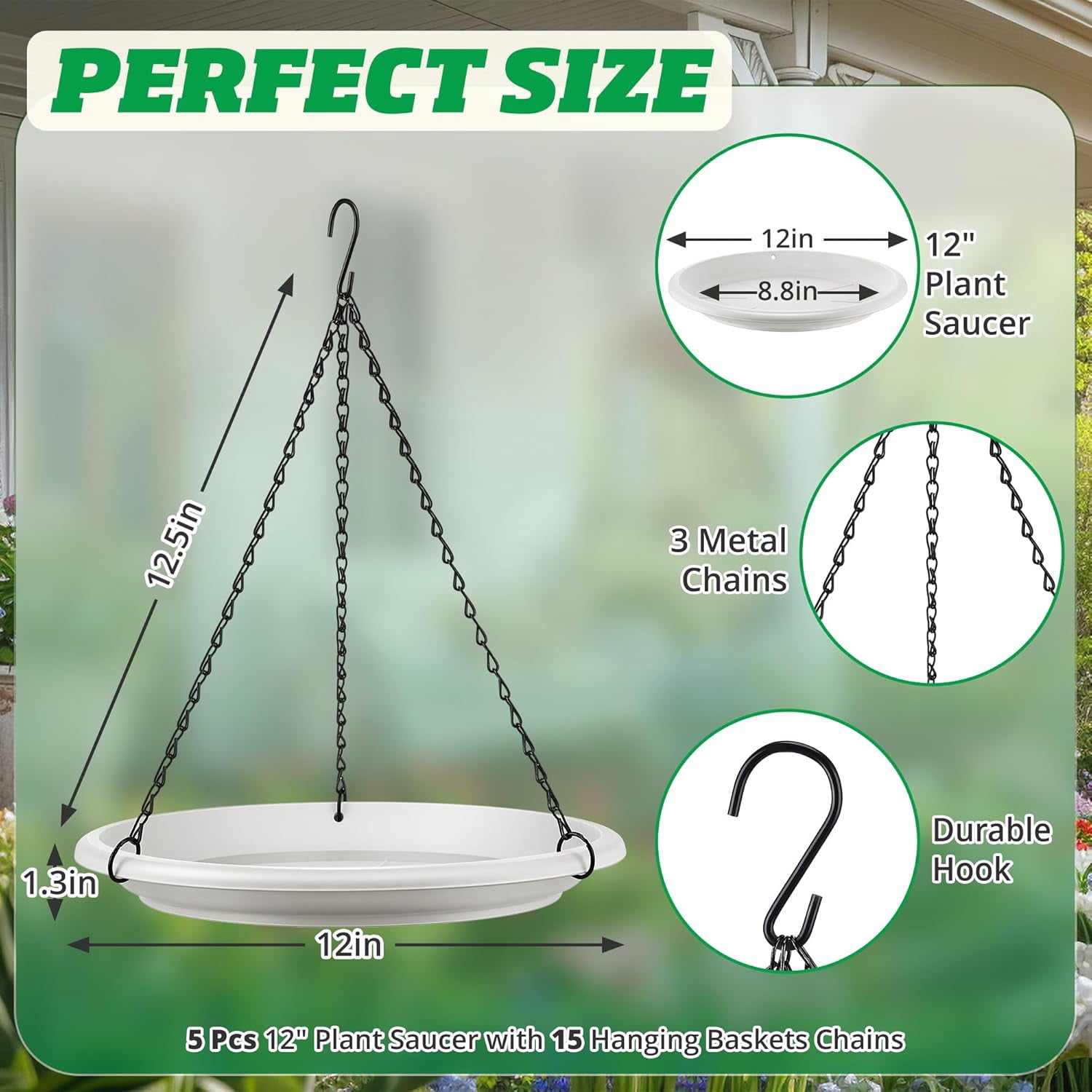 Hanging Planter for Indoor Outdoor Plants, 12" Plant Saucer with Basket Chains, Adjustable Plants Hanger Shelf Decorative Hanging Plant Flower Pot for Window Wall Ceiling Home Decor (5 Pcs,White)