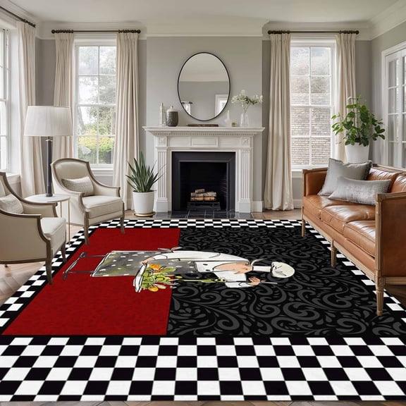 Rectangle Area Rugs 5 x 8 Ft, Red Black Chef Non-Slip Residential Carpet, Cartoon Cute Watercolor Cooking Plaid Indoor Crawling Mats Runner Rugs for Living Room/Dining Room/Bedroom