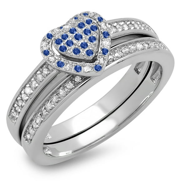 Dazzlingrock Collection Sterling Silver Blue Sapphire & White Diamond Heart Shaped Bridal Ring Set, Size 9
