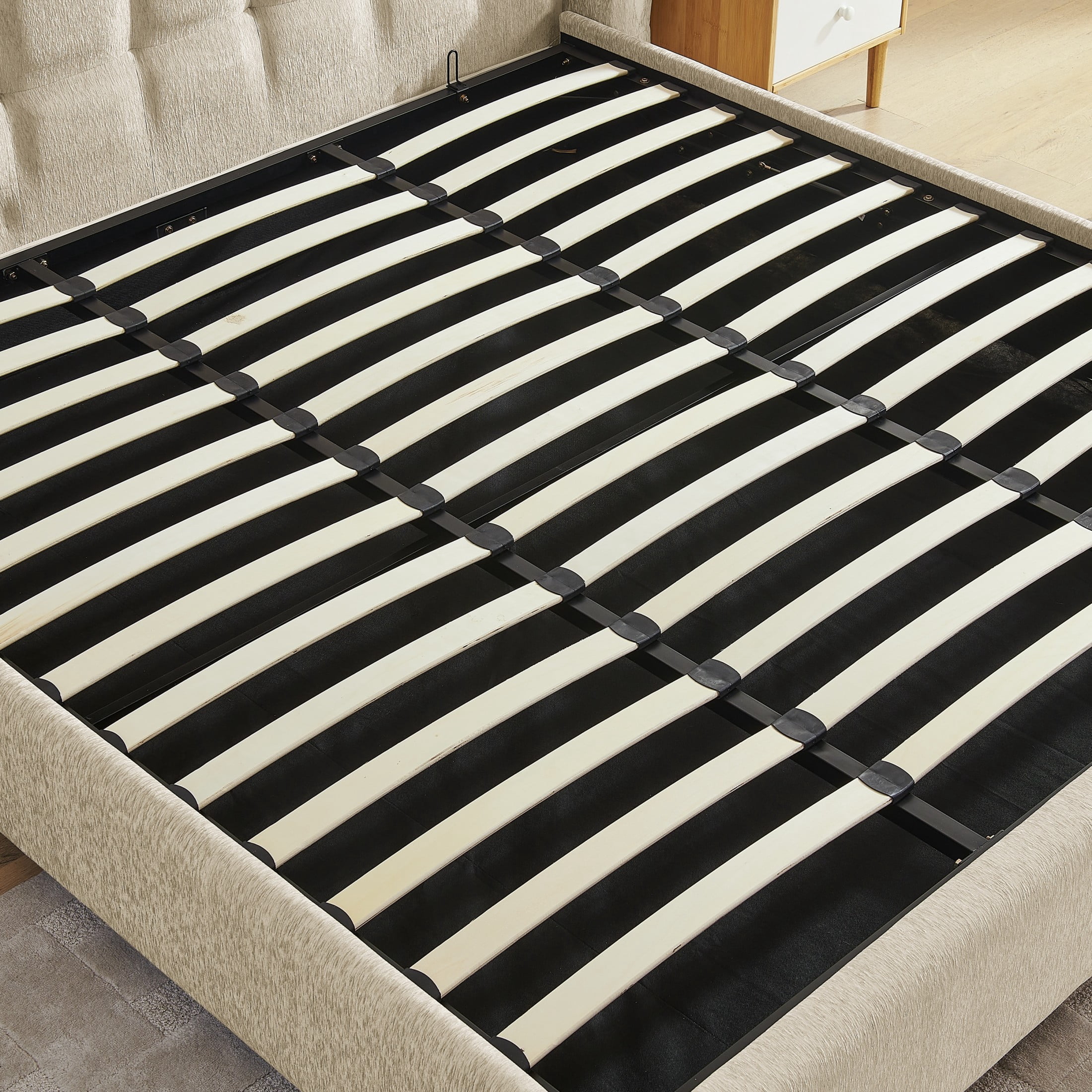 Noble House Elite King Size Upholstered Platform Bed with Removable Chenille Wingback and Under-Bed Storage, Khaki