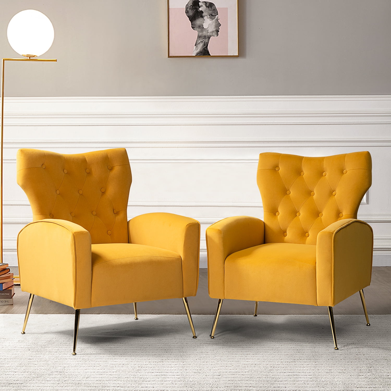 Cirilo Velvet Accent Chair with Button Tufted Back Set of 2 in Mustard