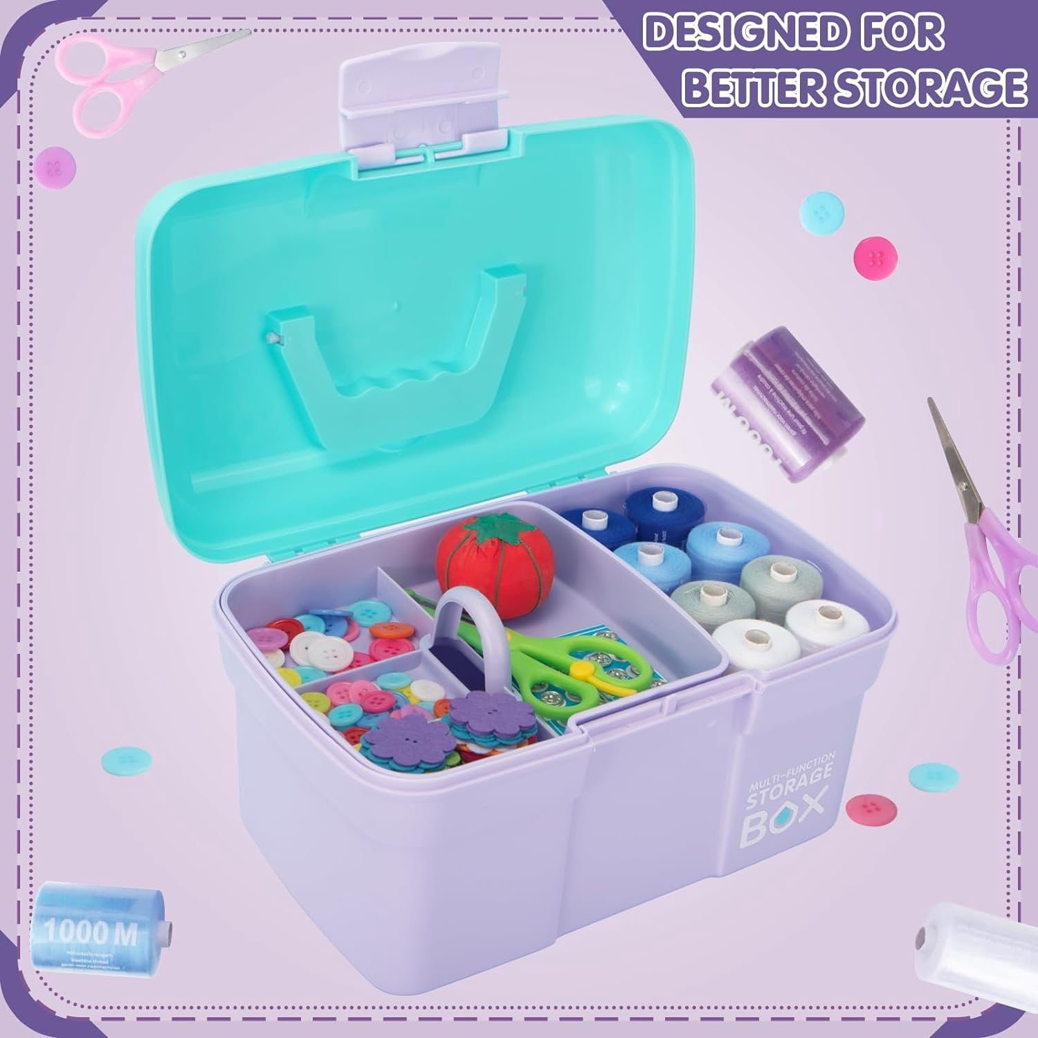 11in Mutipurpose Storage Box Organizer with Removable Tray, Portable Small Craft Organizer with Handle, Plastic Clear Tool Box Art Case for Makeup, Sewing, , Hair Accessories ( Blue)