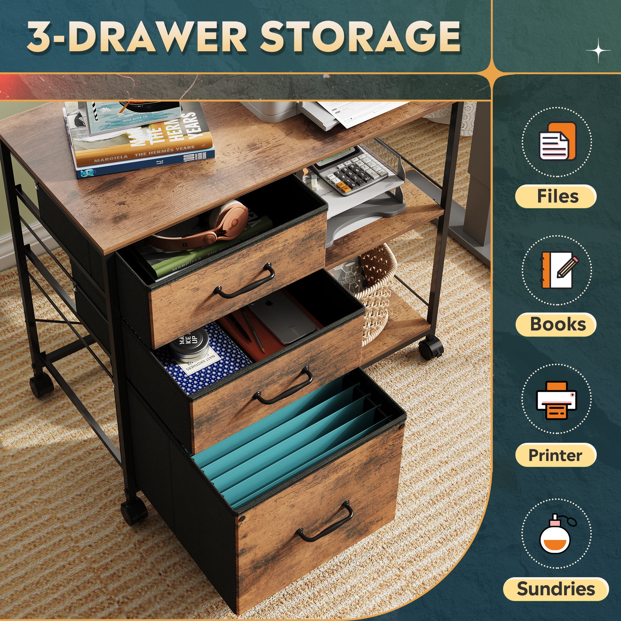 GALAXHERO 3 Drawer File Cabinet, Rolling Printer Stand with Storage, Lateral Fabric Filing Cabinet for Home Office, Rustic Brown Wood Grain, Fits Letter/A4