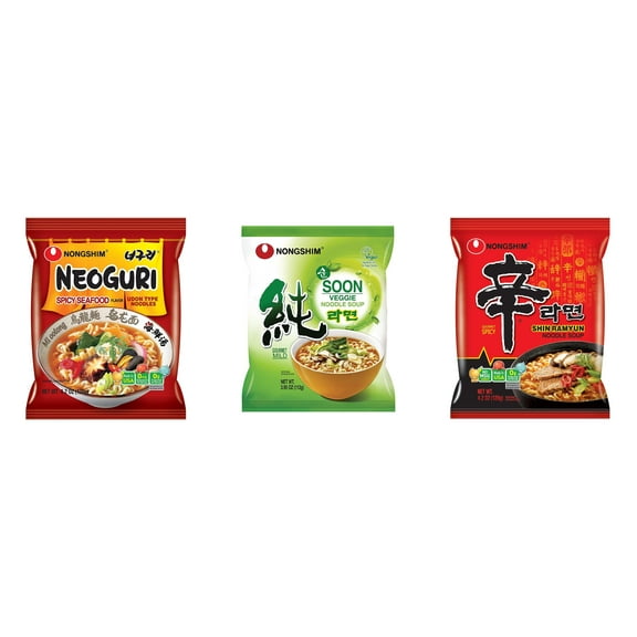3 Pack Korean NongShim Gourmet Spicy Shin Instant Ramen Noodle, 3 Flavors(Neoguri,Soon Veggie,shin red) Plus NineChef Brand Long Handle Coffee Spoon