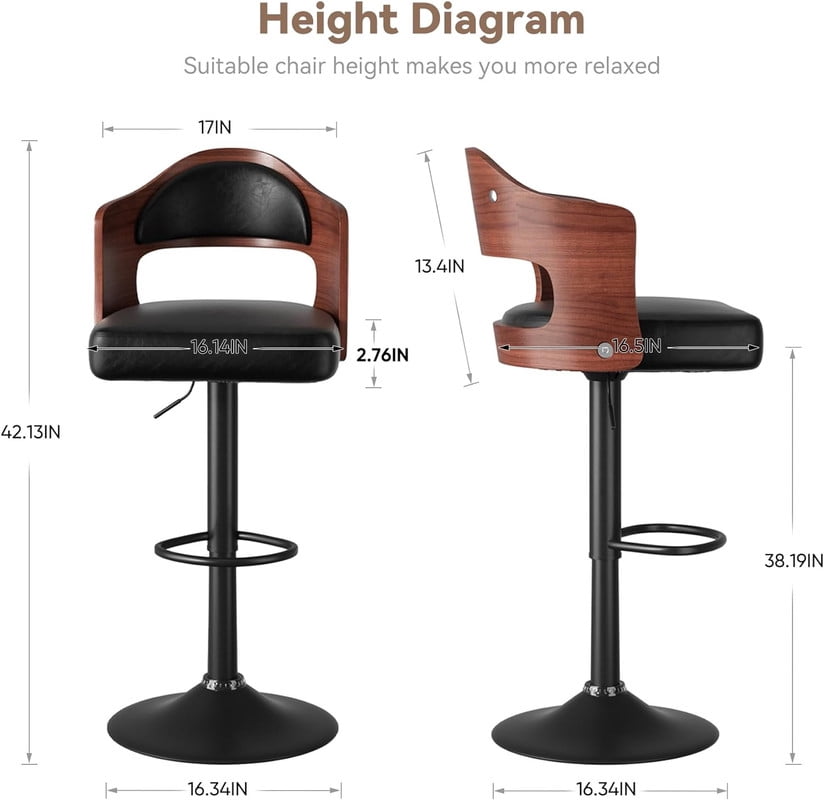 Hawsaiy Wooden Bar Stools Set of 4, Adjustable Height 24.5-33.5IN, Wooden Bar Chairs with PU Leather Upholstery, Back & Footrest for Kitchen, Dining, and Home Bar