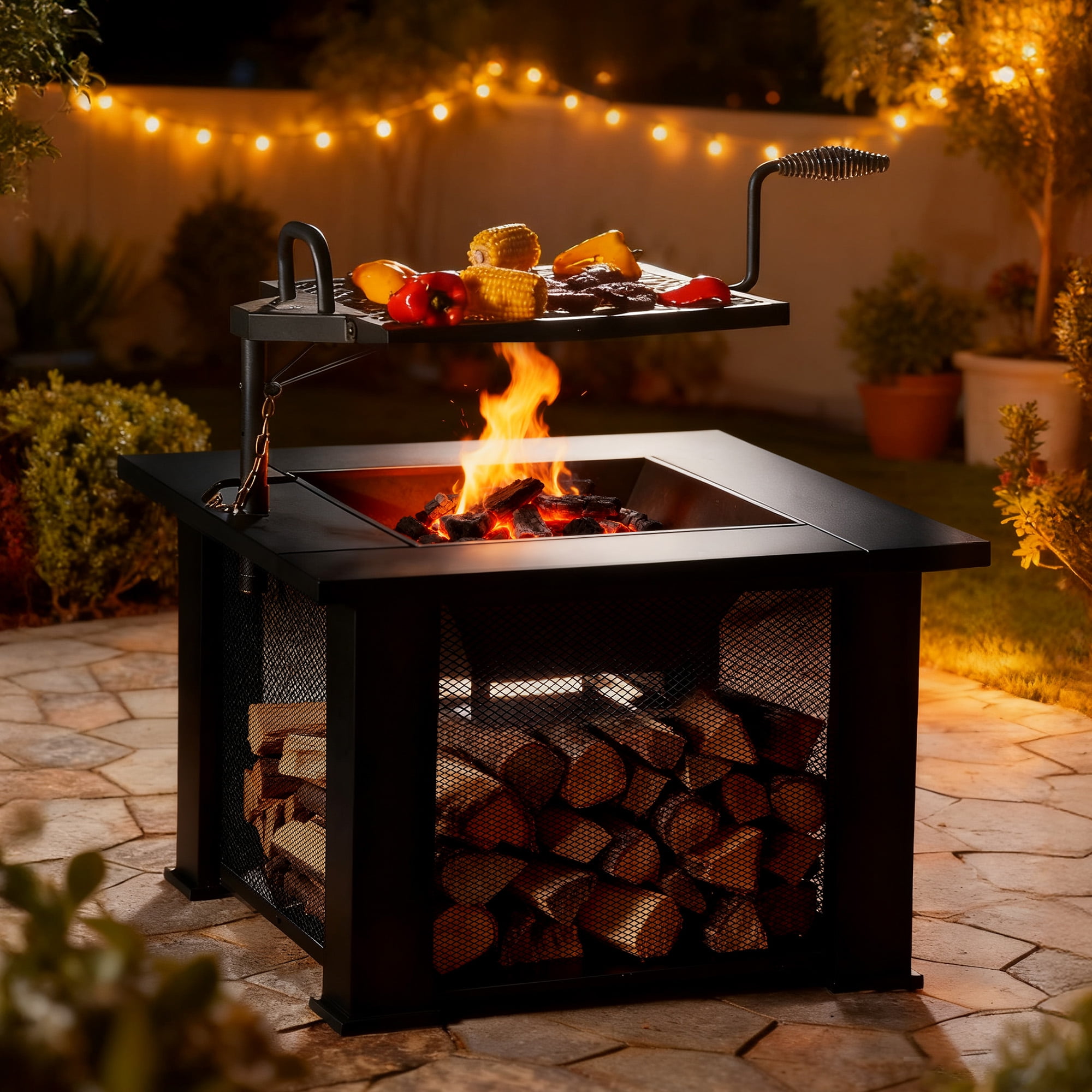 BALI OUTDOORS 3 in 1 Square Fire Pit with Grill, 31 inch Wood Burning Firepits with Poker for Patio, Backyard