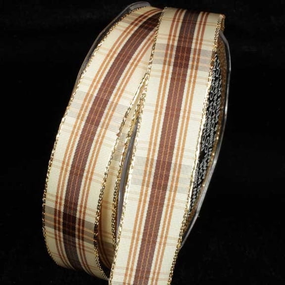 The Ribbon People Ivory and Brown French Plaid Wired Craft Ribbon 1" x 27 Yards