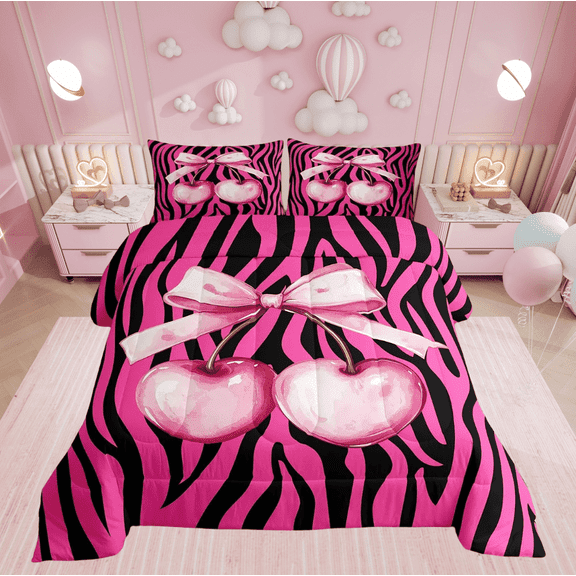 Pink Cherry Bowknot Comforter Set King Size,Zebra Stripe Geometric Patchwork Bedding Set,Women Room Decor,Bow Tie Princess Girly Down Comforter,Bright Duvet Insert,2 Pillowcases