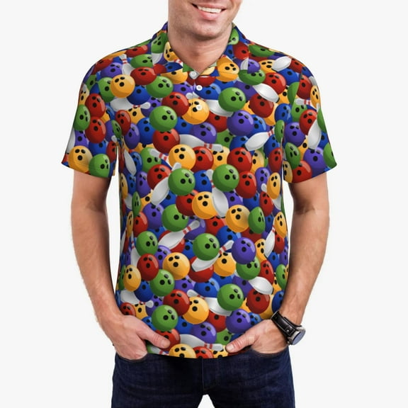 Gukieu Bowling Colorful Print Men's Quick-drying POLO Shirt, Button-down Summer T-shirt, Suitable for Work and Outdoor Activities-Small