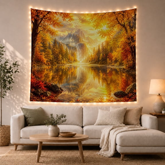 Autumn Mountain Lake With Golden Trees, Serene Vintage Style for Nature Lovers, Nature Wall Art, Thanksgiving Hostess Gift, Tapestry Wall Hanging for Bedroom and Living Room
