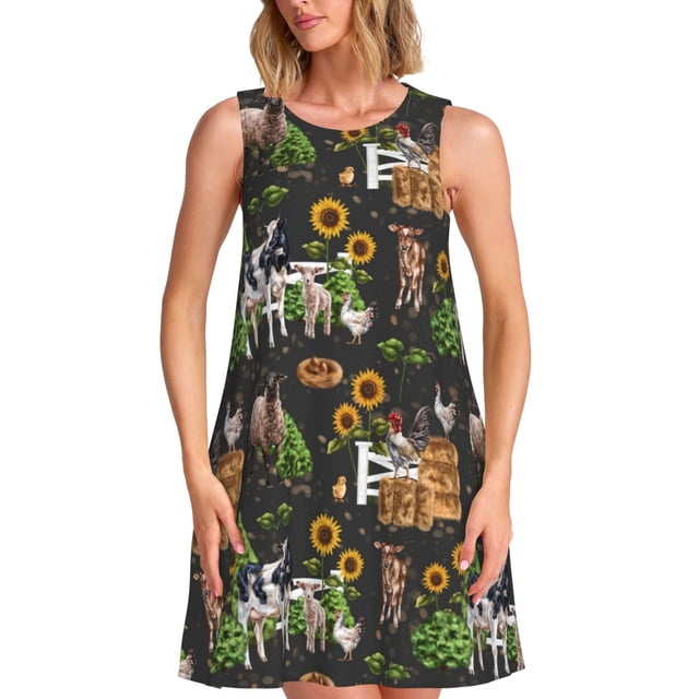 Easygdp Farm Animals 2 para Vestido Transpirable de Mujer, Vestido Suelto de Manga Corta con Pliegues y Bolsillos para el Verano