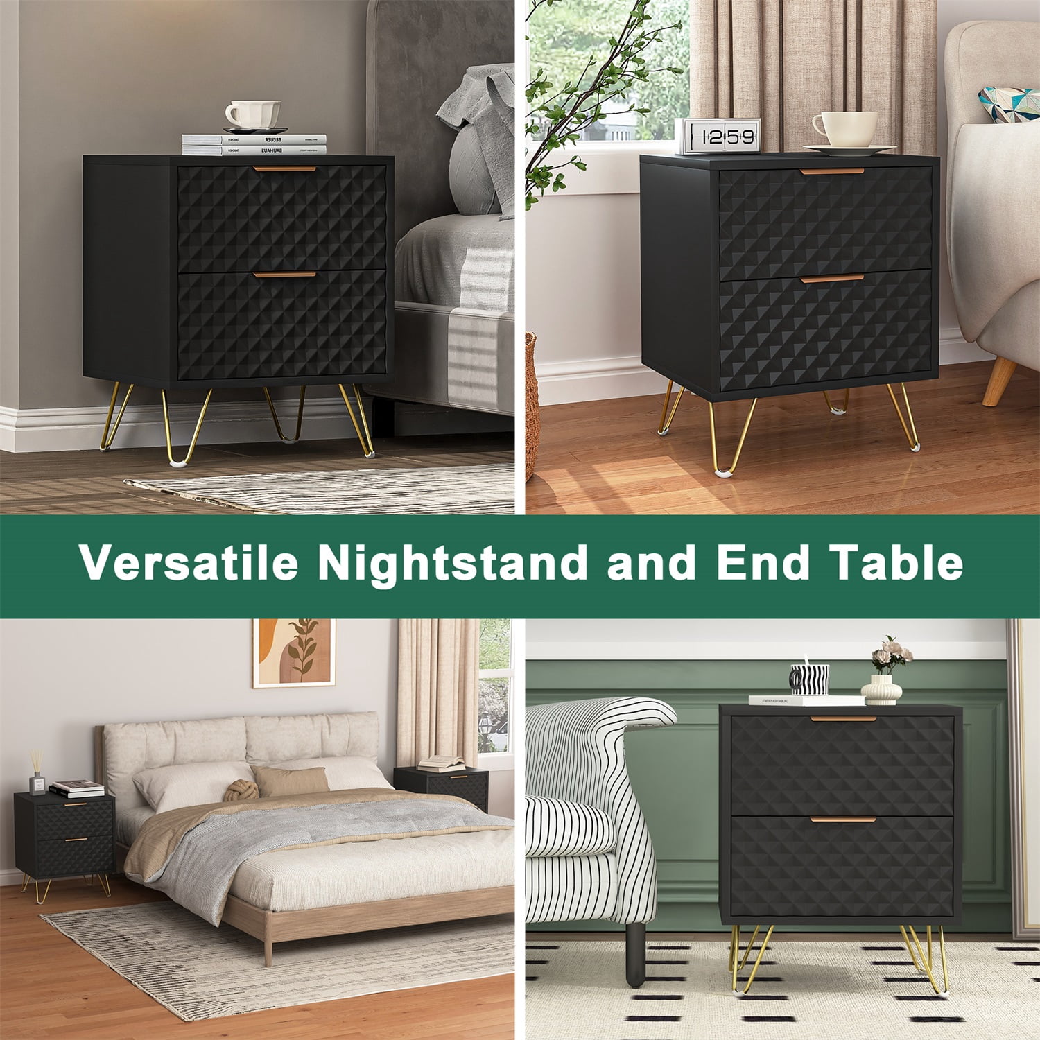 Hommoo Nightstand Set of 2, Carving Texture Night Stand End Side Tables, Modern Bedside Tables with 2 Drawers, for Bedroom Living Room, Black