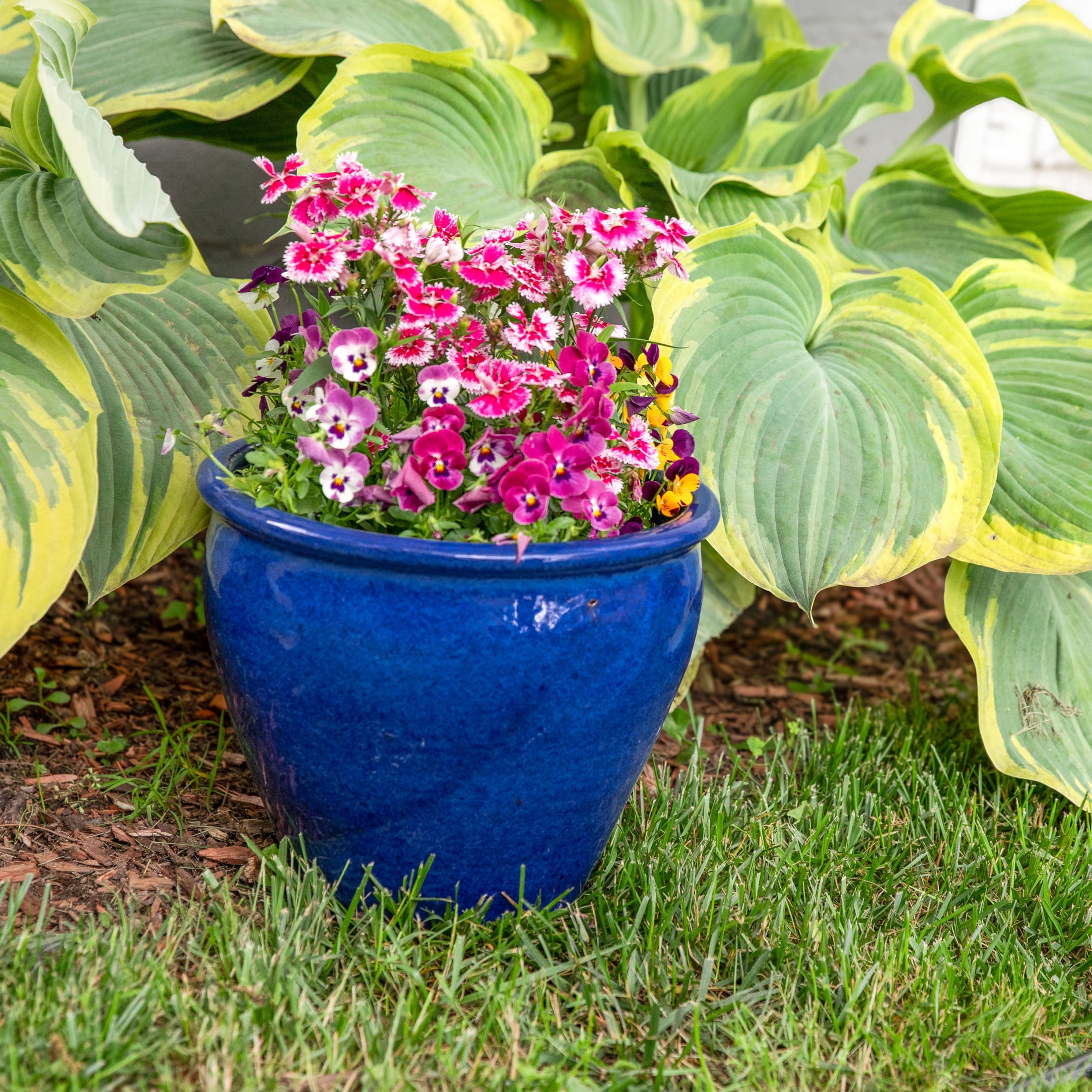 Sunnydaze Chalet 11.75" x 11.75" x 9.5" Round Imperial Blue Ceramic Outdoor Planter 2-Count
