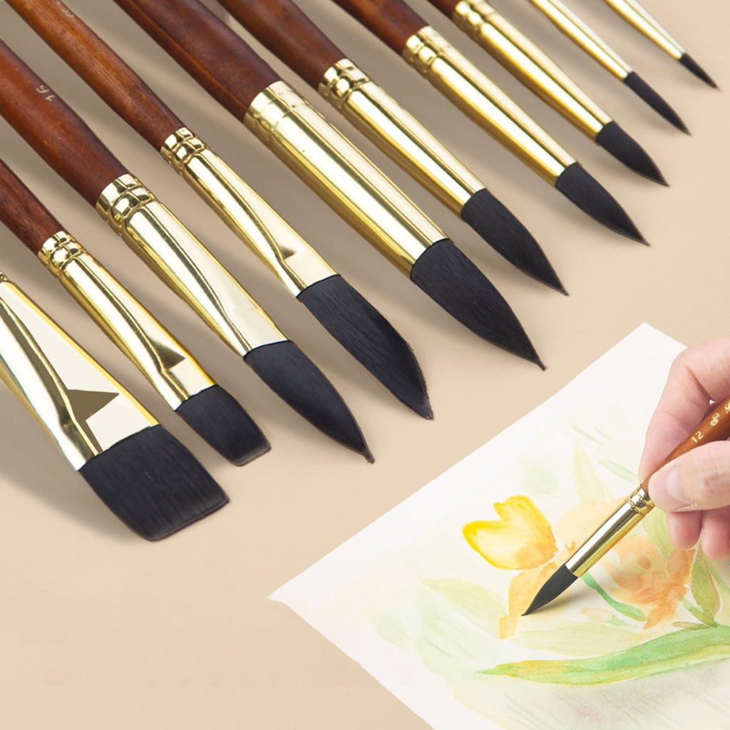 10Pcs Wooden Handle Watercolor Brush Synthetic Bristles Paint Brushes for Artist